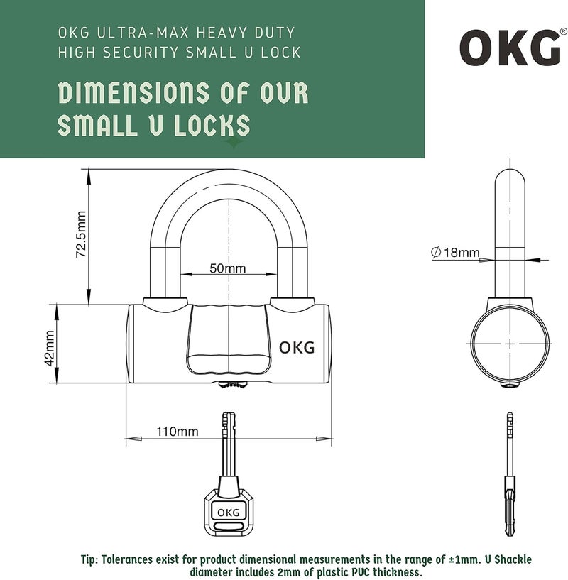 OKG Small U Lock - 4 Keys, Heavy Duty 18mm Hardened Alloy Steel Shackle - Anti-Cut/Anti-Pry Security Chain Lock for Motorcycle, E-Bike, Trailer (No Security Chain) - Image 2